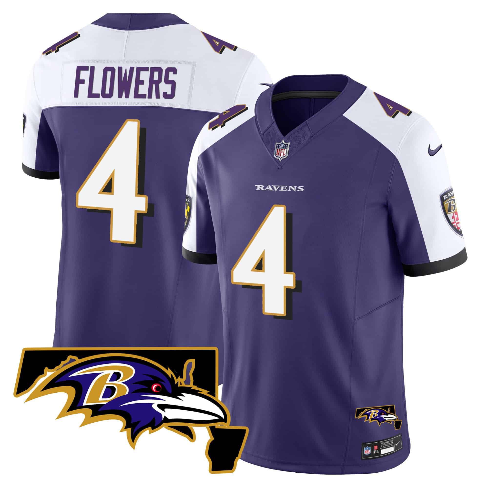 Men Baltimore Ravens #4 Flowers Purple 2024 Nike Maryland Patch Vapor Limited NFL Jersey